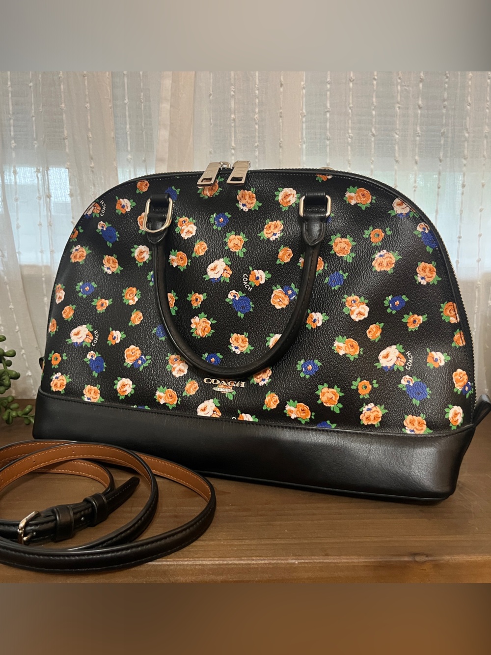 Coach Sierra Satchel in Black floral Tea Rose print bag with optional crossbody